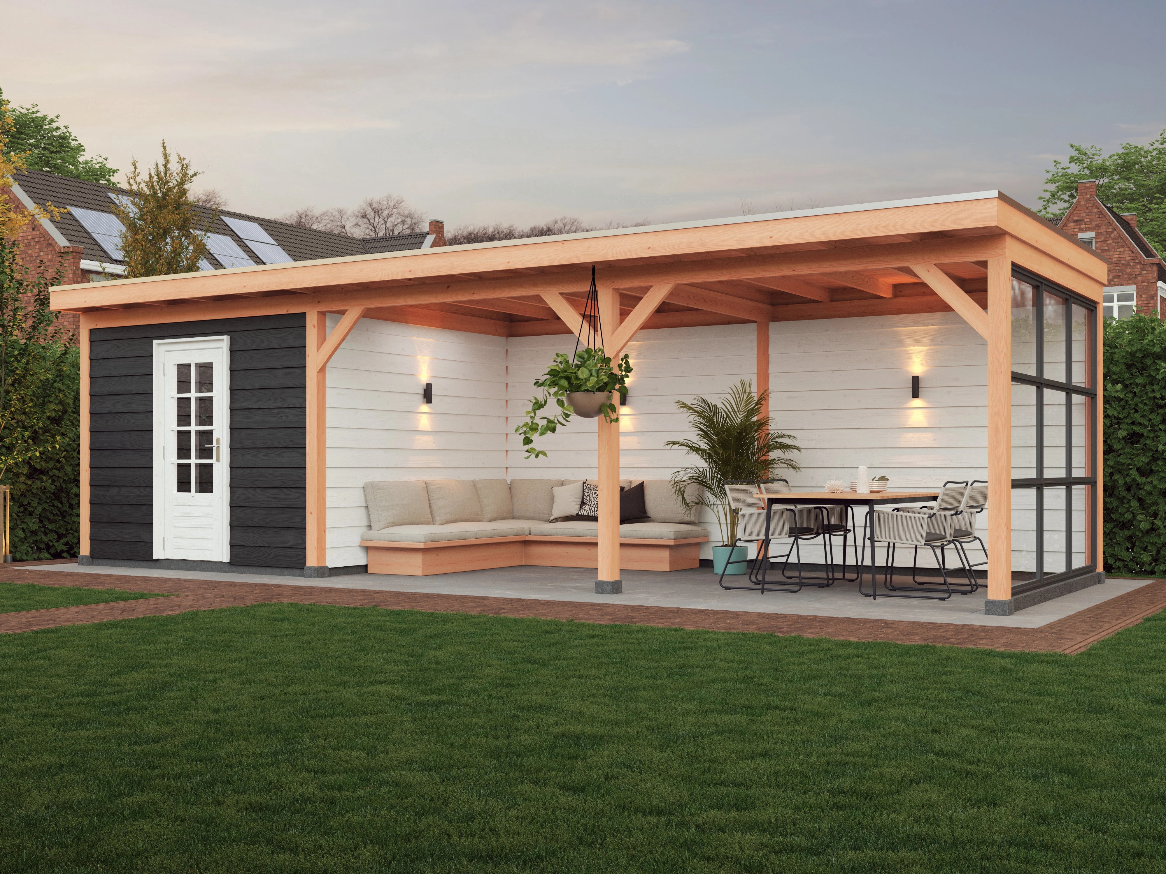 Douglas overkapping, 900 x 300, met zwarte schuur en achterwand, Westwood Comfort - Afbeelding 3